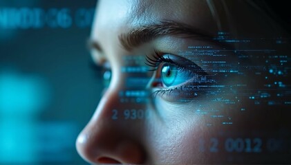 A person's eyes are shown in close-up double exposure with digital binary code, highlighting innovation and technology in the workplace.
