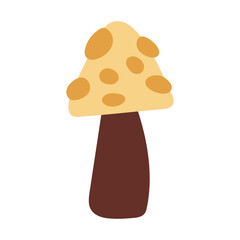 Hand draw brown autumn yellow fly agaric mushroom with yellow dots isolated on a white background.Single vector illustration in doodle flat style. Clipart cozy illustrations for print, packaging.