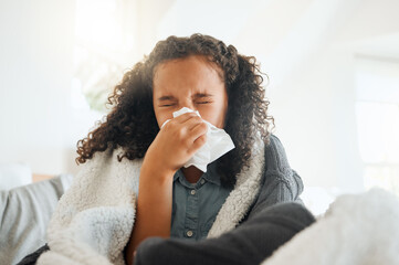 Little girl, sick and blowing nose with tissue for virus, cold or flu from allergy, symptoms or...