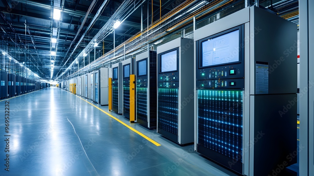 Poster modern data center with rows of servers, showcasing advanced technology and organized infrastructure