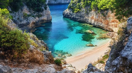 A remote coastal cove with turquoise waters and a sandy beach, accessed by a hidden path