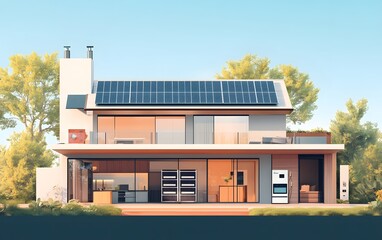 Modern house with solar panels and large windows surrounded by greenery, showcasing eco-friendly architecture and design.