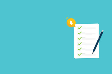 Check list document, paper check list and to do list with checkboxes, concept of survey, online quiz, completed things or done test, feedback.	