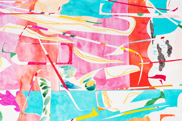 Bright abstract collage art in pink, aqua and red colors