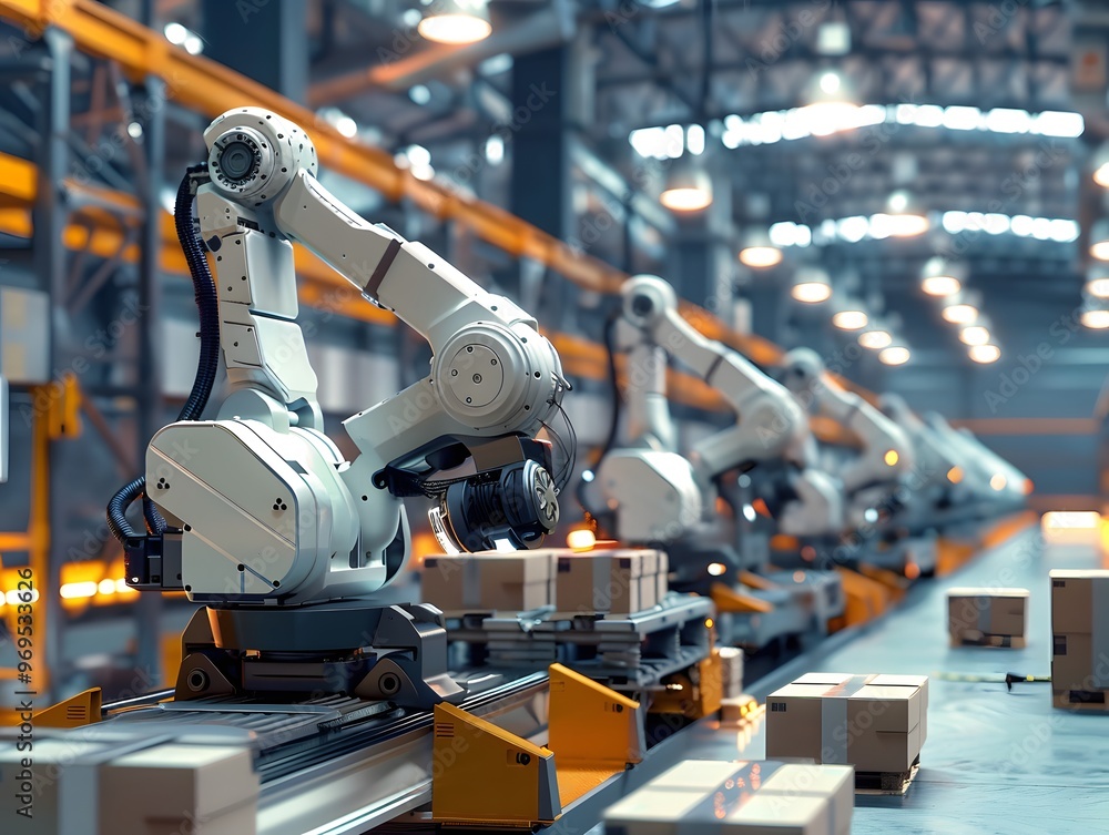 Poster modern industrial robots efficiently sorting packages in a factory setting, showcasing automation te