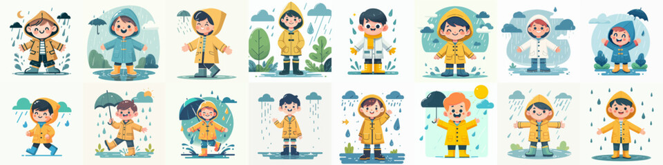 vector collection of children wearing raincoats and boots in the rain