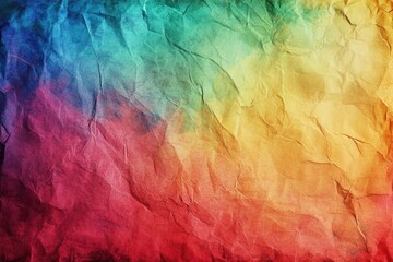 A vibrant, crinkled paper texture featuring a stunning gradient of rainbow colors, perfect for artistic backgrounds and designs.