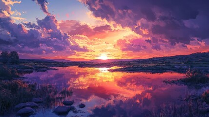 Fototapeta premium A stunning sunset sky with vibrant hues of orange, pink, and purple, casting a warm glow over a tranquil landscape.