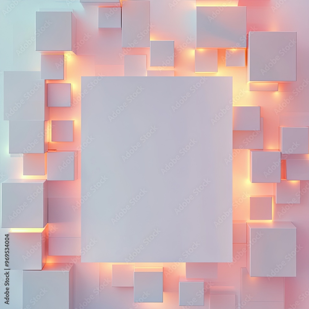 Poster modern abstract wall design featuring illuminated 3d cubes and a blank center for artistic displays 