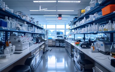 Obraz premium Modern laboratory workspace featuring organized shelves and scientific equipment under bright natural lighting.
