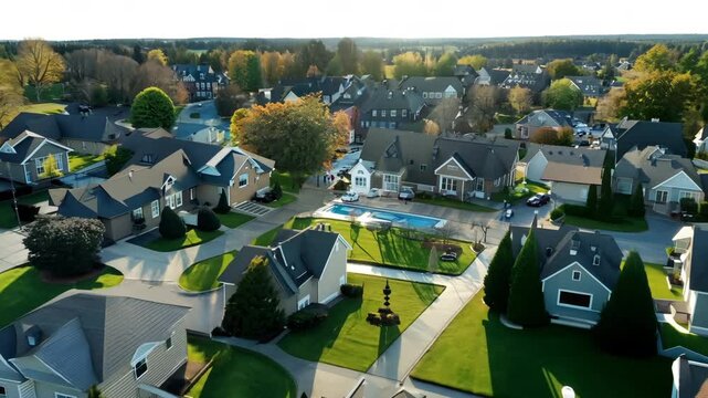 Small American or European town with identical houses, same style. Quiet life in residential area of city. Peaceful urban landscape drone aerial top view from above. Rich people with lawns, trees.
