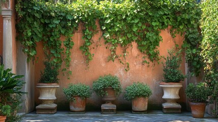 A terracotta wall adorned with climbing vines, adding texture and natural beauty to an outdoor garden space.