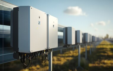 Modern solar inverters installed on a solar farm, showcasing renewable energy technology in a natural landscape.