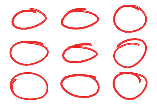 Set of hand drawn red circle highlighter, design element, grunge round shape