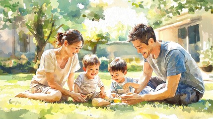 A happy family enjoying time outdoors, playing and laughing together in a sunlit garden, creating joyful memories.