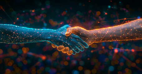 Virtual collaboration symbolized by two hands.