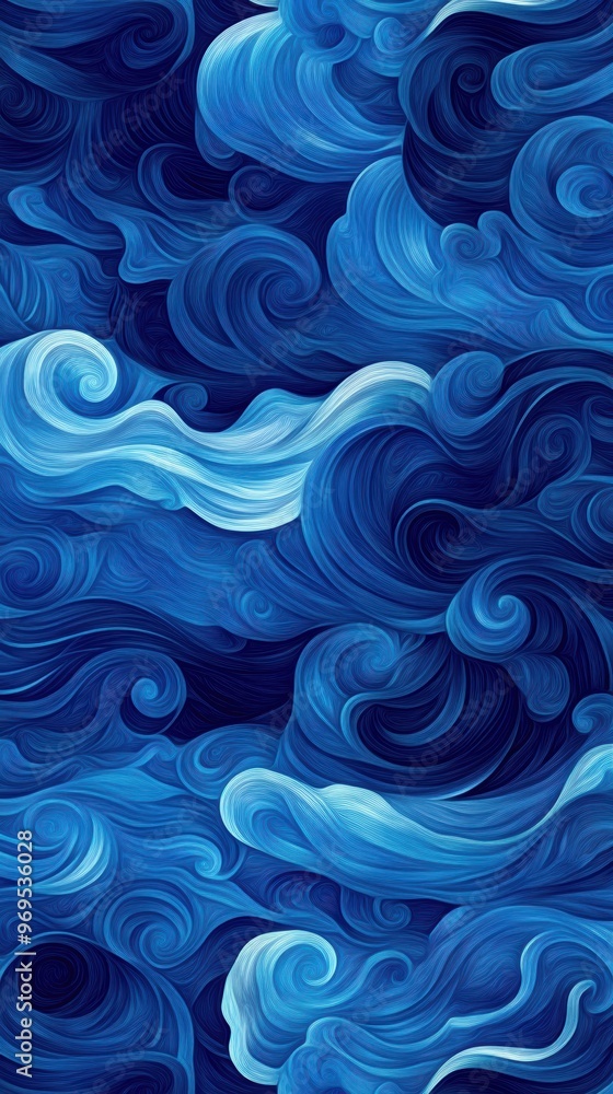 Poster a beautiful abstract pattern of swirling waves in various shades of blue, evoking a sense of tranqui