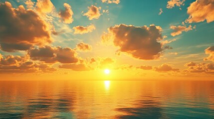 Fototapeta premium A vibrant, cloud-filled sky reflecting the golden hues of a setting sun over a calm body of water.