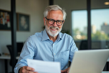 Happy busy older professional businessman entrepreneur using laptop holding bill corporate document in office. 50 years old man executive manager or business owner reading paper working on computer