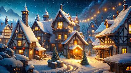 Enchanting winter village with snow-covered cottages and festive lights shining at night
