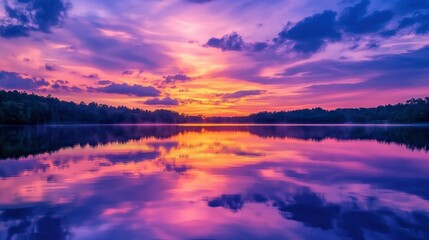 Fototapeta premium A vibrant sunset sky reflected in the calm waters of a lake, with the landscape perfectly mirrored.