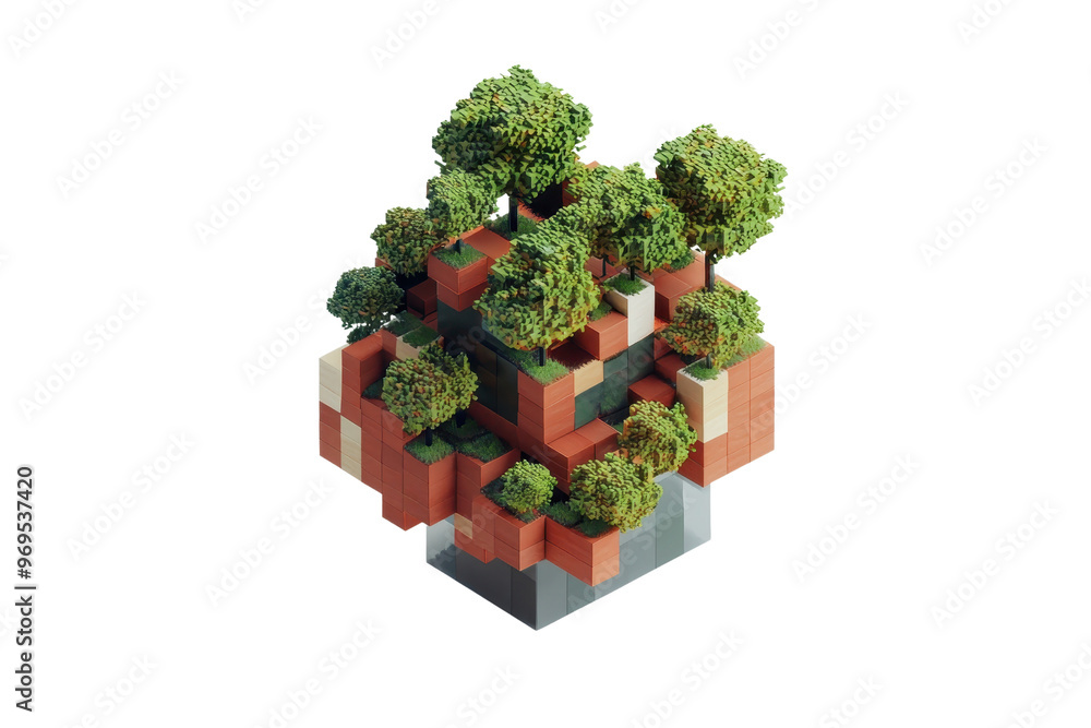 Poster a 3d digital render of a voxel-style tree structure composed of small cubes, featuring lush green fo