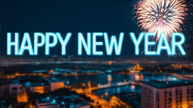 Neon sign "Happy New Year" on the background of a festive city with fireworks - Powered by Adobe