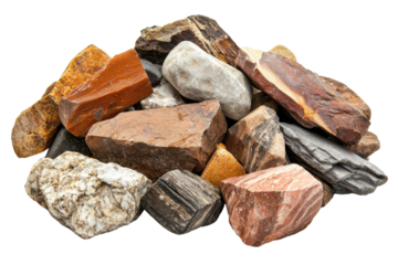 A diverse collection of various colored rocks and minerals, including granite, sandstone, and slate, isolated on a transparent background.