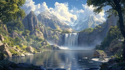 A waterfall in the distance, framed by a mountain range and a clear blue sky.