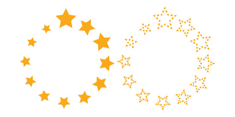 Stars of various sizes arranged in a circle. Round frame, border. Black star shape, simple symbol. Design element, ornament. Vector illustration