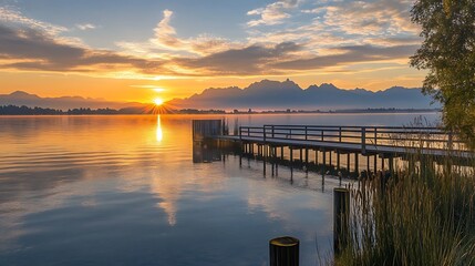 Fototapeta premium Sunrise Over the Lake With a Wooden Pier
