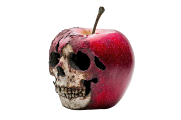 A red apple partially transformed into a human skull, symbolizing decay and the passage of time on a transparent background.