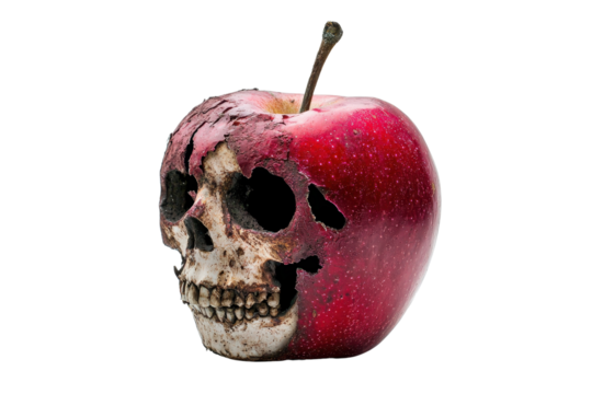 A red apple partially transformed into a human skull, symbolizing decay and the passage of time on a transparent background.