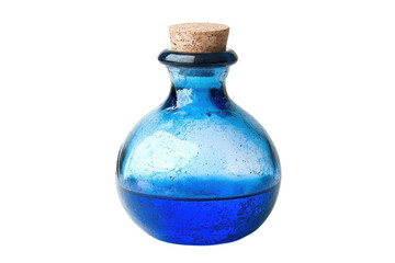 A small blue glass bottle with a cork stopper, filled halfway with a mysterious blue liquid, isolated on a transparent background.