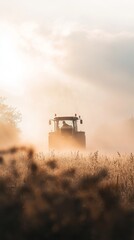 Fototapeta premium Tractor in field at sunrise with misty atmosphere, rural agriculture concept