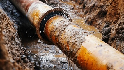 leaking rusty water pipe in a construction trench, highlighting corrosion, pipe damage, and water leakage during underground infrastructure repair and maintenance