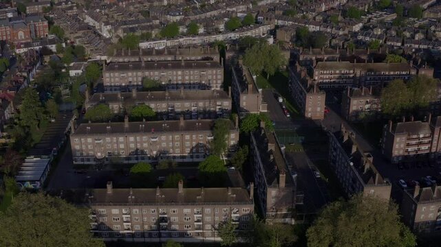 Drone shot of low rise residential council estate Tulse Hill Estate and neighborhood in Tulse Hill, South London, UK