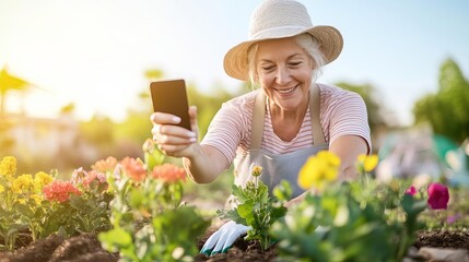 Mature woman taking a selfie while planting flowers in her garden, nurturing nature