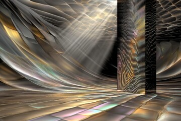Fototapeta premium A moody setting featuring a mysterious patterned obelisk in a room filled with patterns and iridescent light