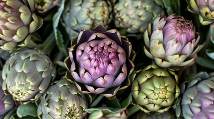Obraz premium Close-Up of Fresh Artichokes: Green and Purple Delicacy
