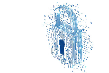 Digital lock with circuit board design symbolizing cybersecurity, data protection, and online privacy, isolated on transparent background, PNG