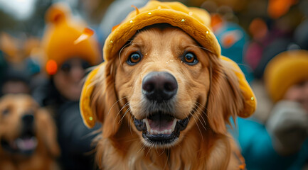 Golden Retriever Dog Wearing Yellow Hat Photo