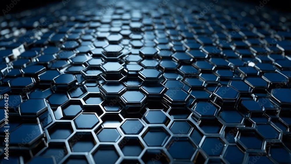 Poster 3d hexagonal pattern in deep blue, with a geometric and futuristic feel.