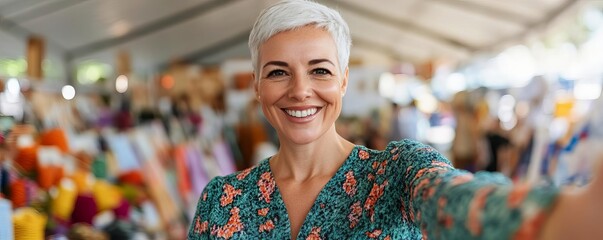 Mature woman taking a selfie at a craft fair, enjoying local artistry