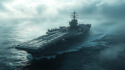 An aircraft carrier sails through a misty ocean.