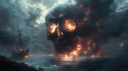 A dark and eerie skull floats in the ocean, surrounded by smoke and fire, as a ship looms nearby, setting a haunting scene