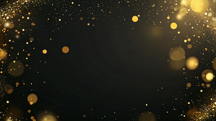 Scattered gold particles on black background. Holiday background frame. Generative AI