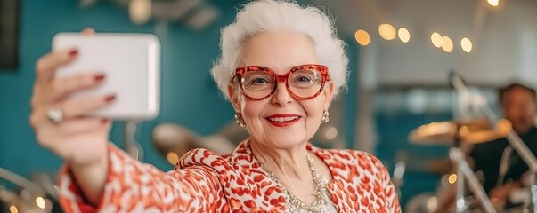 Senior woman capturing a selfie at a jazz concert, enjoying live music and culture