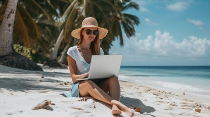 Fototapeta premium Woman Working on Laptop on Tropical Beach: Remote Work Paradise