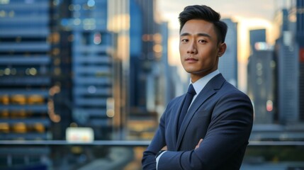 Confident Businessman in Suit Standing in Urban Cityscape